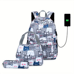Kids Kitten Backpack with USB Charging Port - 3pc Set