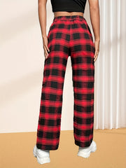 Plaid Print Straight Leg Pants Elastic Waist Casual Pants