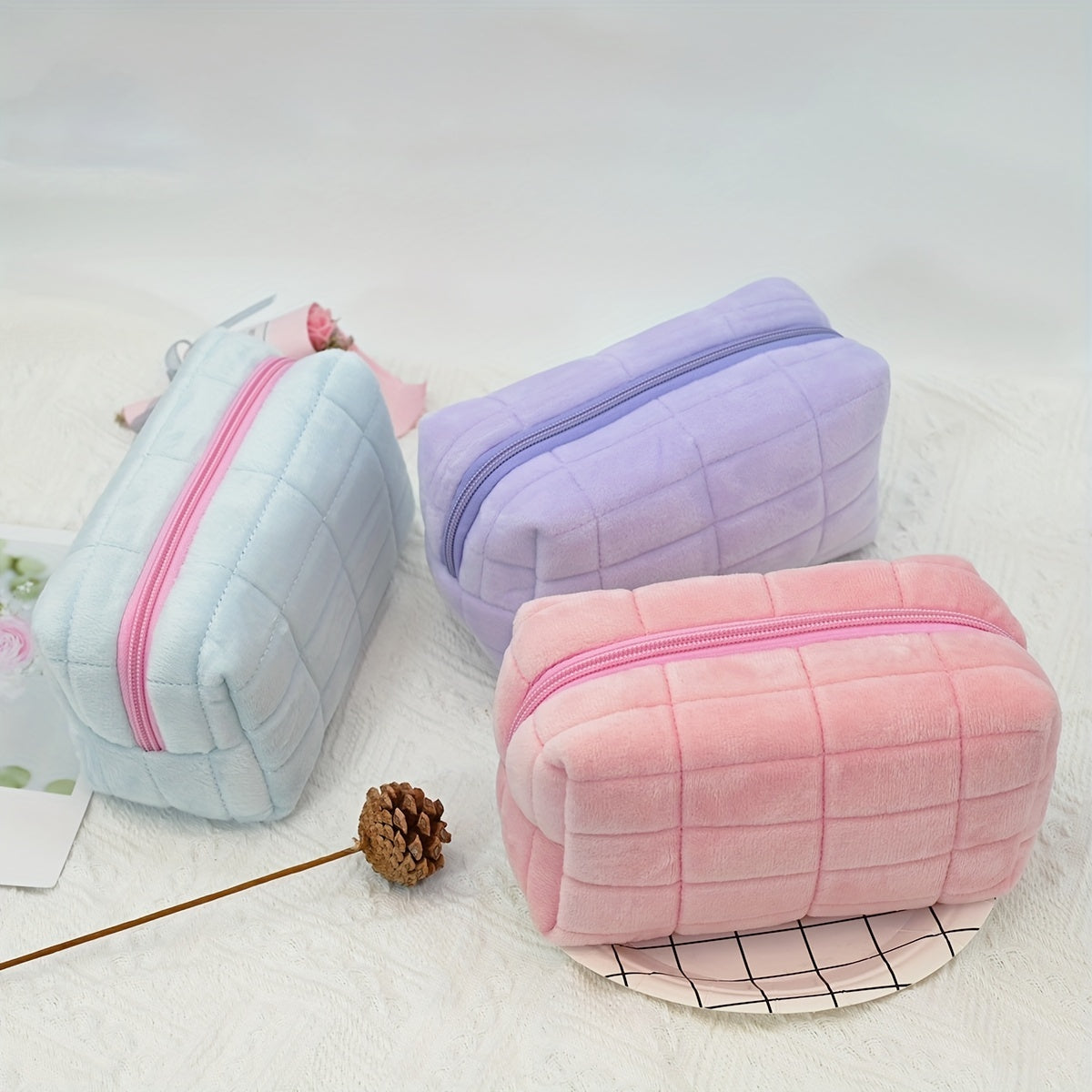 Checkered Cosmetic Bag Travel Storage Toiletry Large Capacity Pink