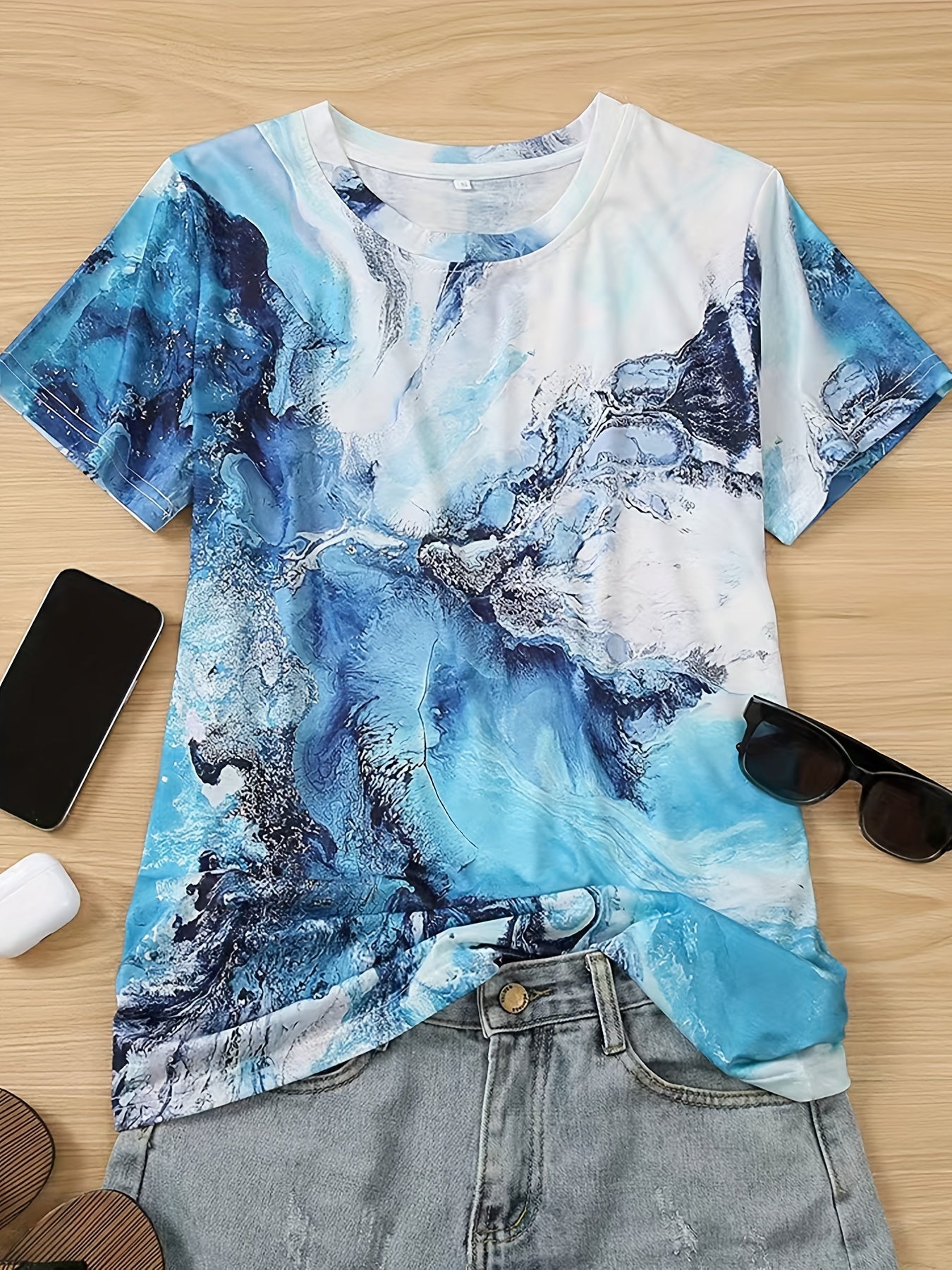Marble Print Round Neck Casual T-shirt