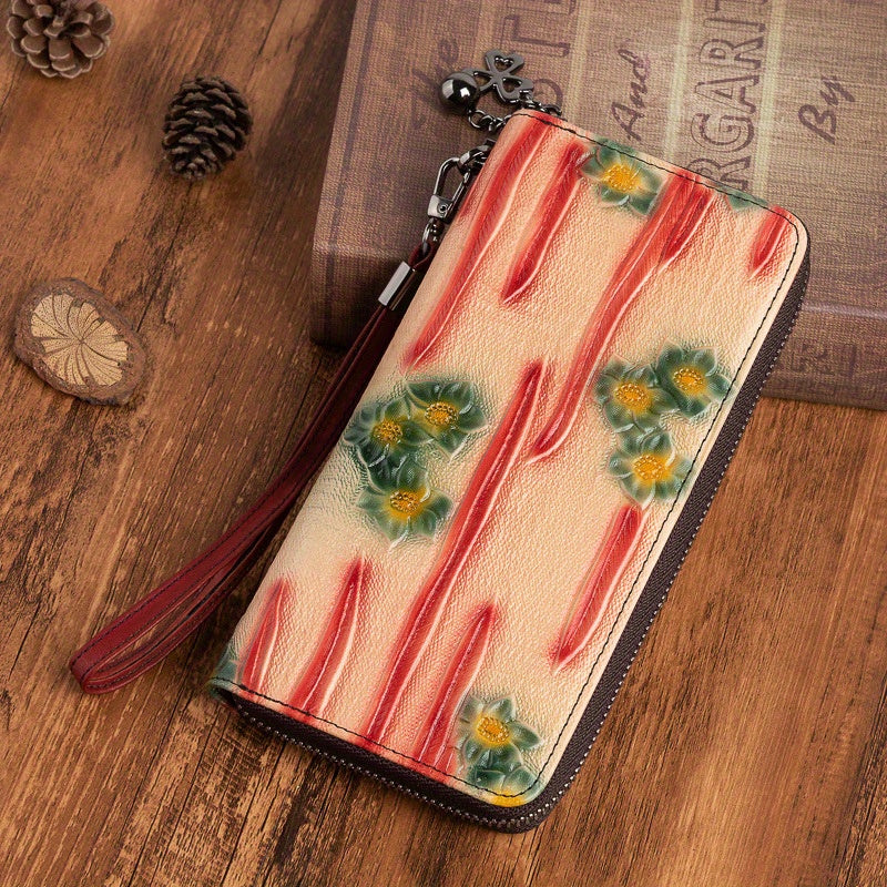 Vintage Embossed Leather Women's Wallet Zipper Closure Floral Tassel Charm