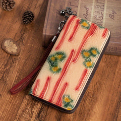 Vintage Embossed Leather Women's Wallet Zipper Closure Floral Tassel Charm