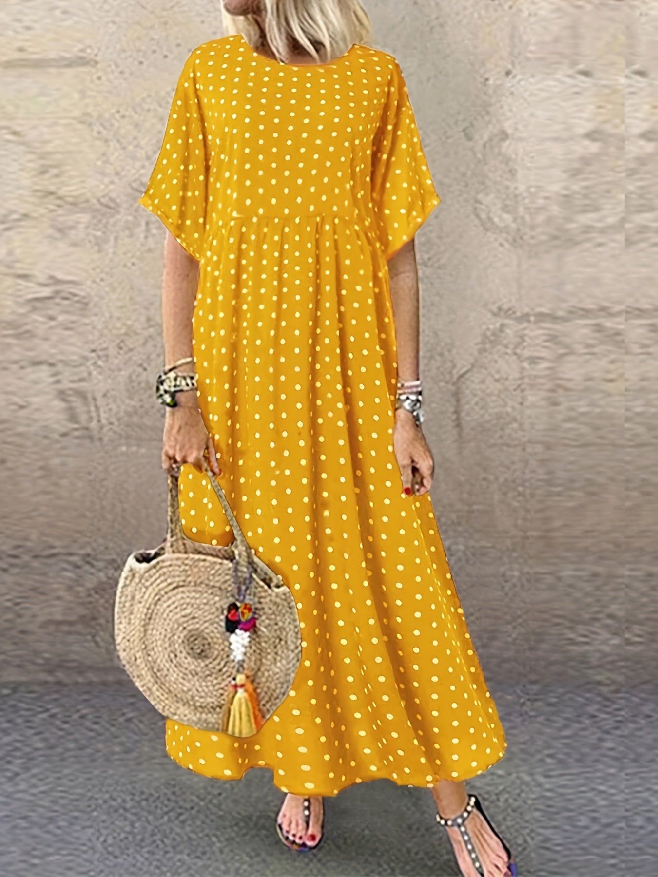 Polka Dot Dress Crew Neck Short Sleeve Casual Dress