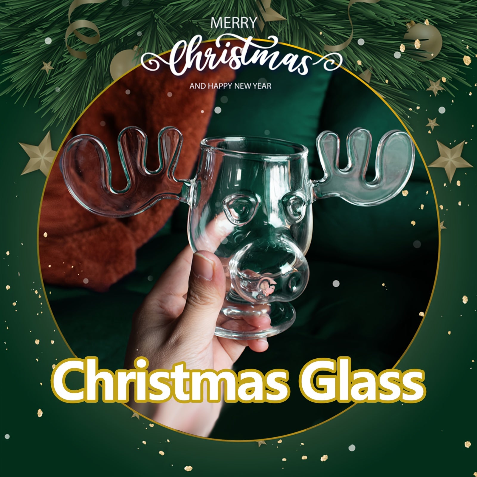 1pc Reindeer Wine Glass 240ml 8.4oz Clear Christmas Decorations