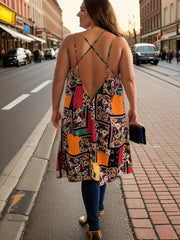 Plus Size Boho Summer Dress Women's Plus Scarf & Floral Print Backless V Neck