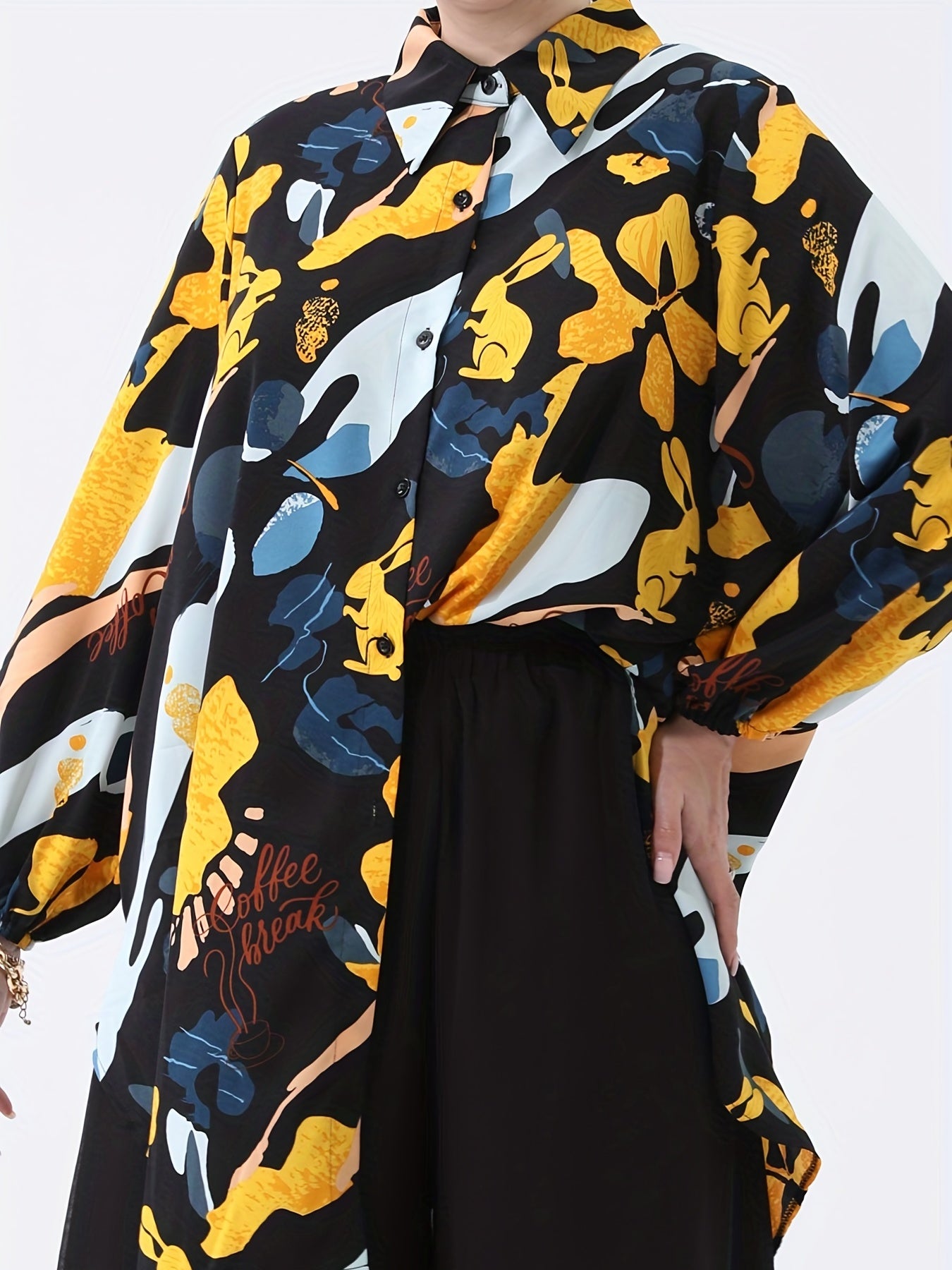Geometric Print Button Up Collar Blouse