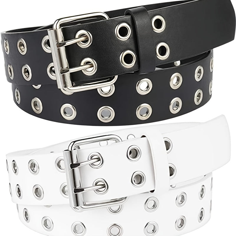 2pcs Girls Double Prong Buckle Punk Jeans Belts Grommet Leather Belts