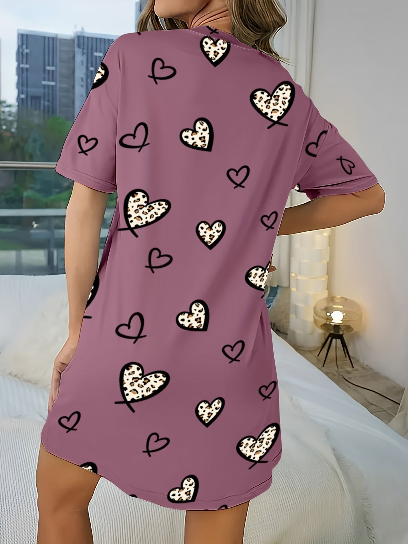 Heart Print NightDress Short Sleeve Crew Neck Pajama Dress Women
