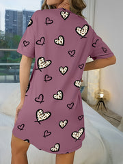Heart Print NightDress Short Sleeve Crew Neck Pajama Dress Women