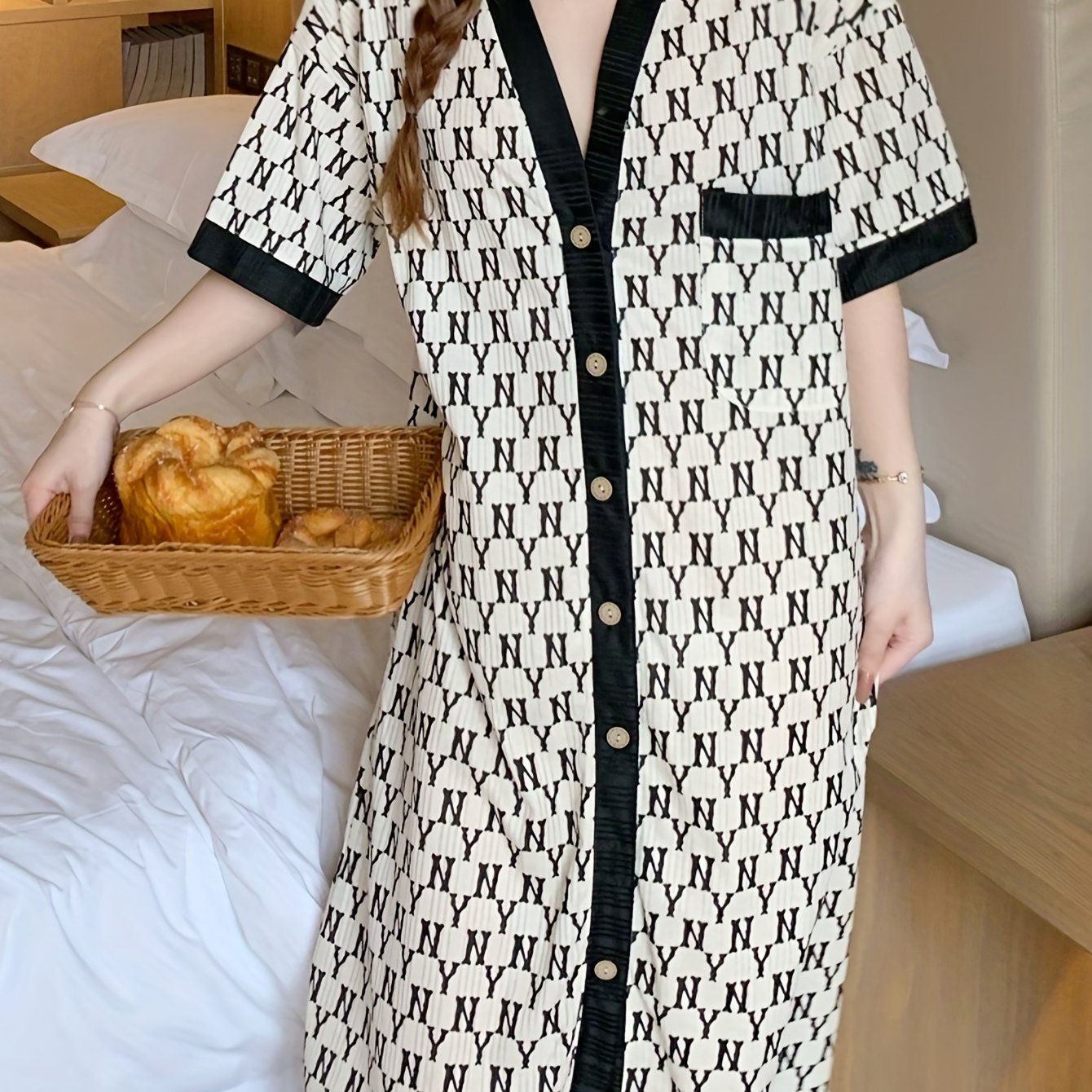 Colorblock Short Sleeve Button Robe Women's Loungewear