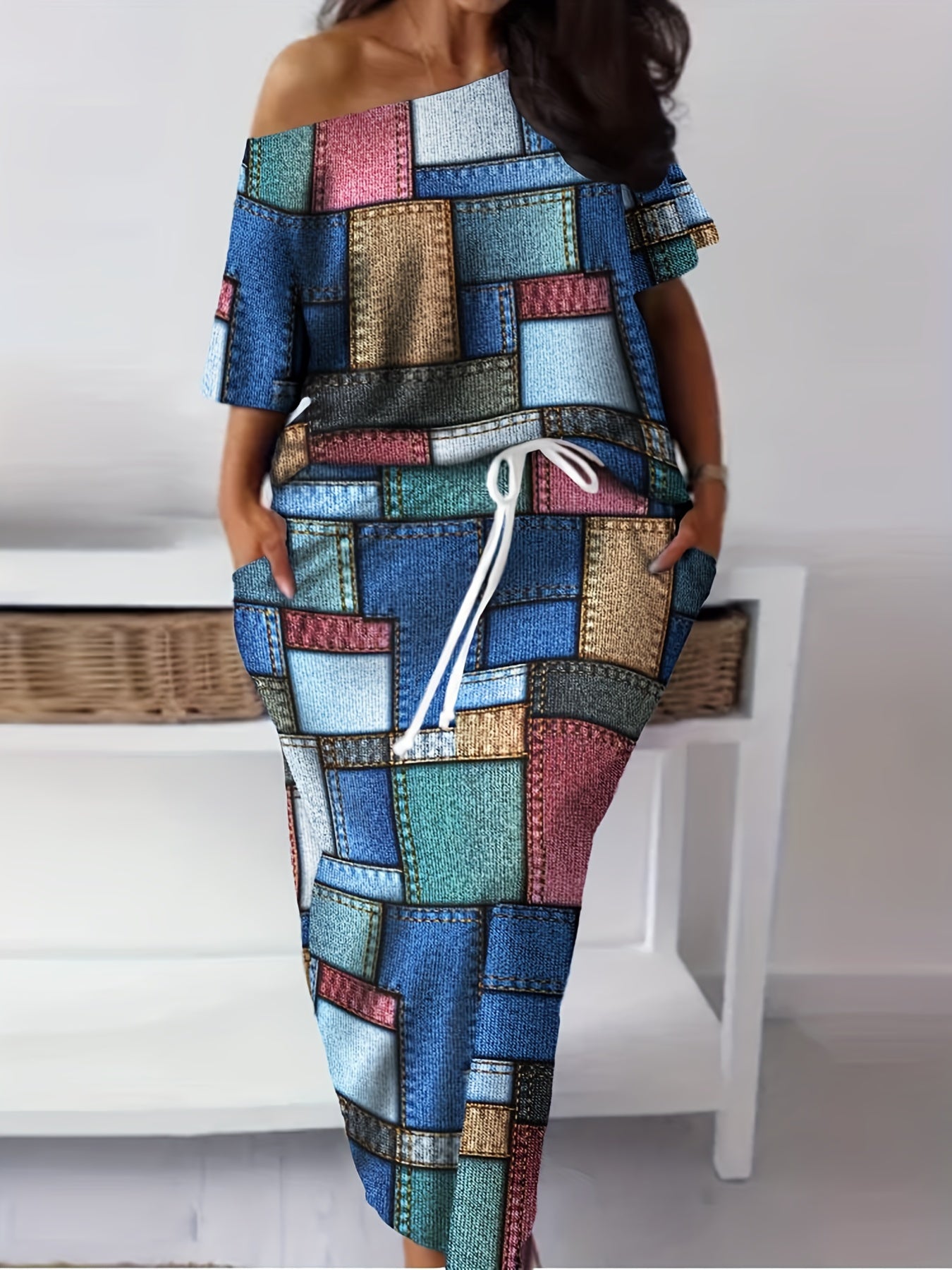 Denim Print One Shoulder Top & Skirt Set