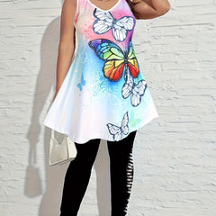 Butterfly Print Lace Panel Tank Top