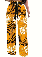 Plant Print Tie Waist Pants Wide Leg Long Length