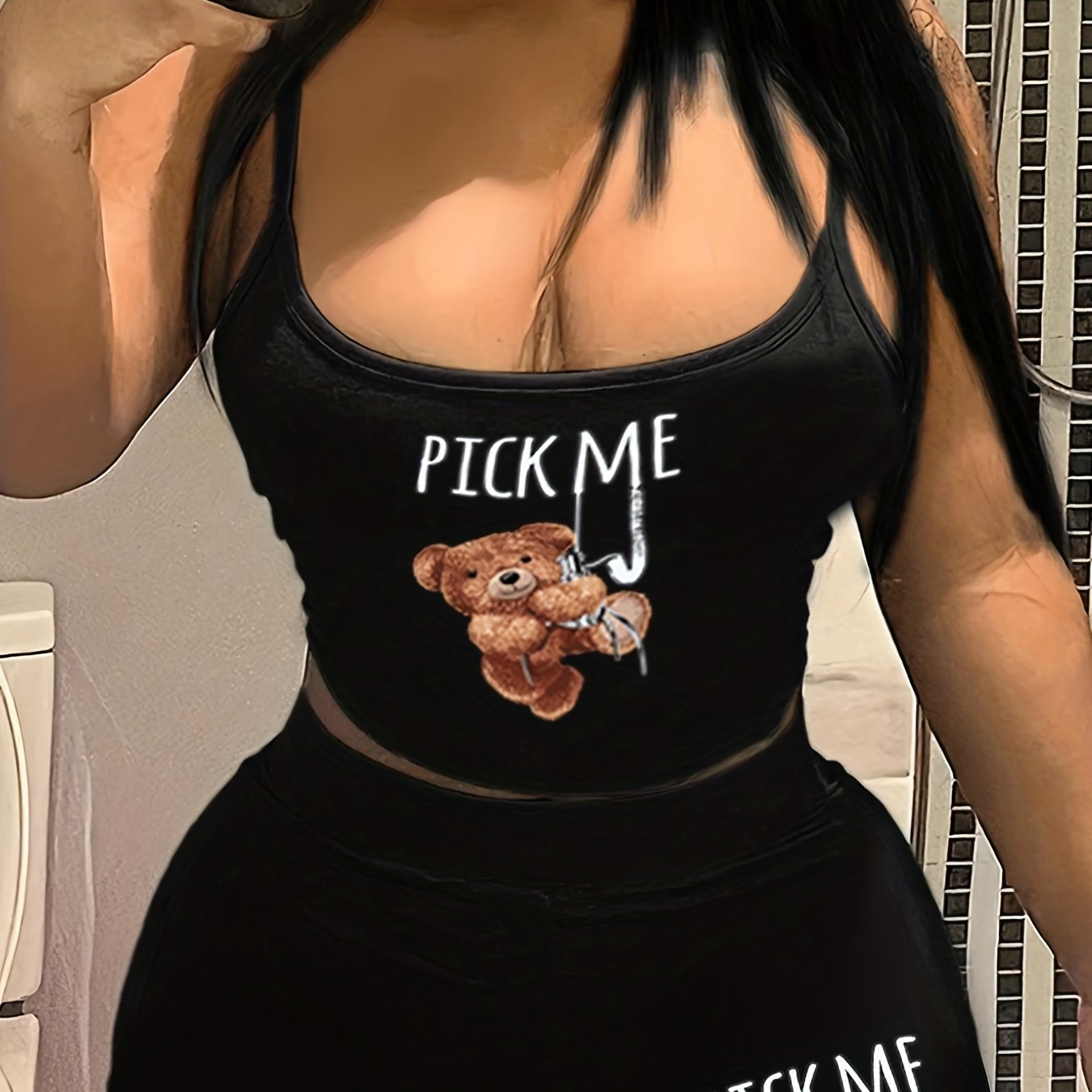 Bear & Letter Print Cami Crop Top & Biker Shorts Set