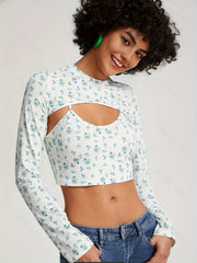Floral Print Two piece Set Long Sleeve Crew Neck Tops & Bralette Set