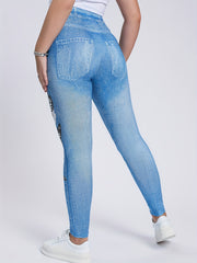 Butterflies & Denim Print Leggings High Waist Skinny Casual Pants