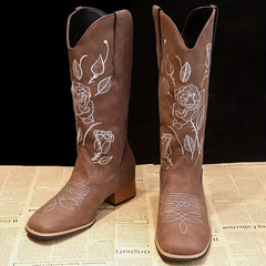 Western Embroidered Cowgirl Boots Chunky Heeled Mid Calf Boots