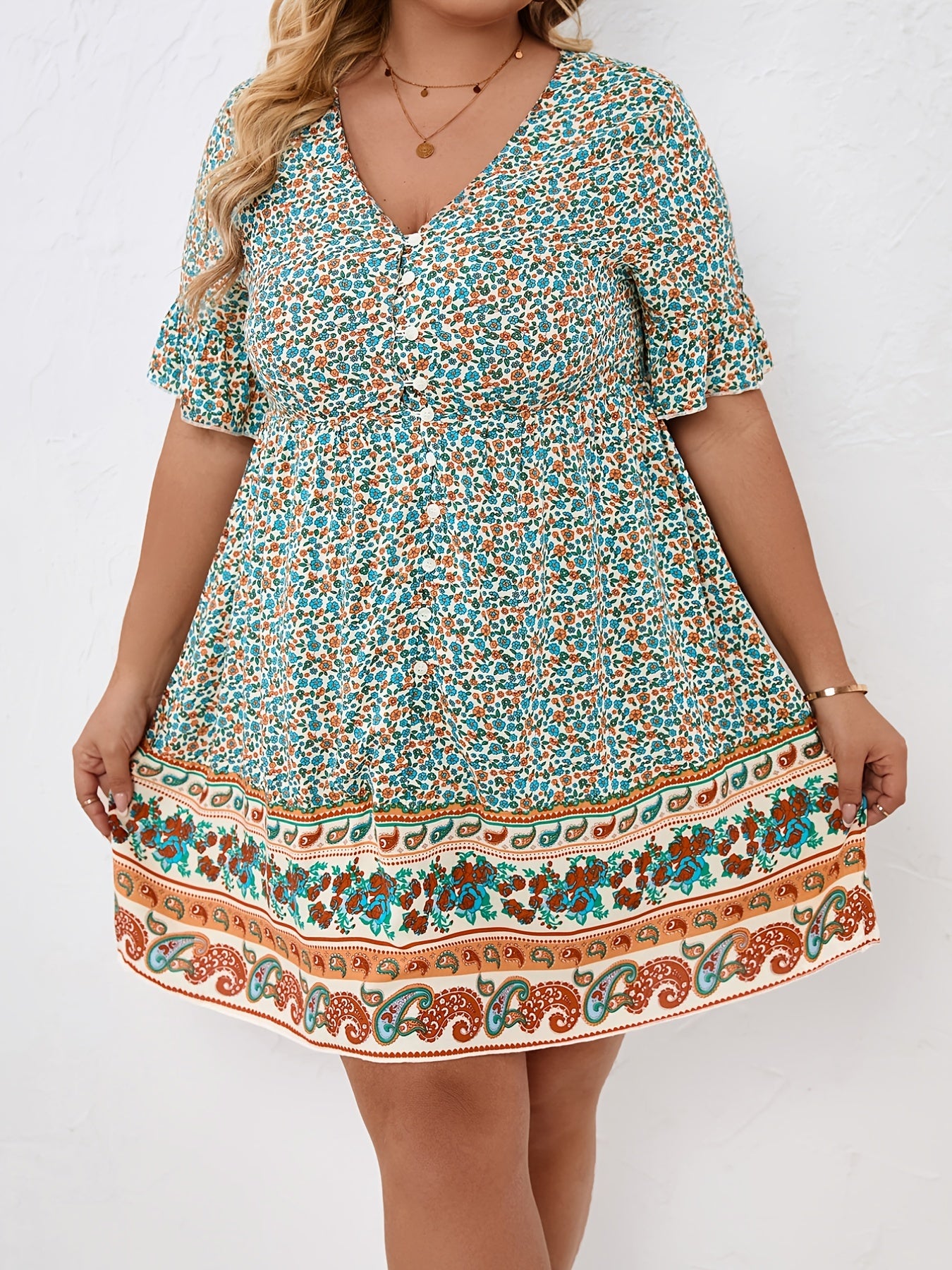 Floral & Paisley Print Short Sleeve Mini Dress Women's Plus V Neck Casual Dress