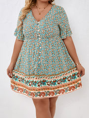 Floral & Paisley Print Short Sleeve Mini Dress Women's Plus V Neck Casual Dress