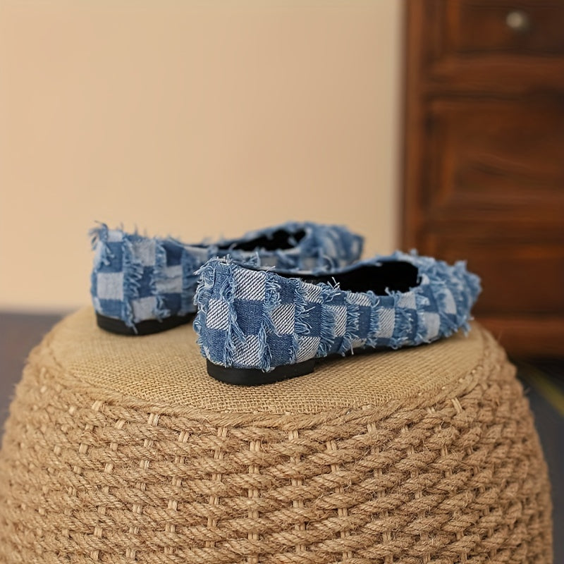 Women's Plaid Pattern Denim Flat Shoes Casual Point Toe Tassel Detail Shoes