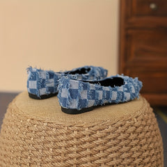 Women's Plaid Pattern Denim Flat Shoes Casual Point Toe Tassel Detail Shoes
