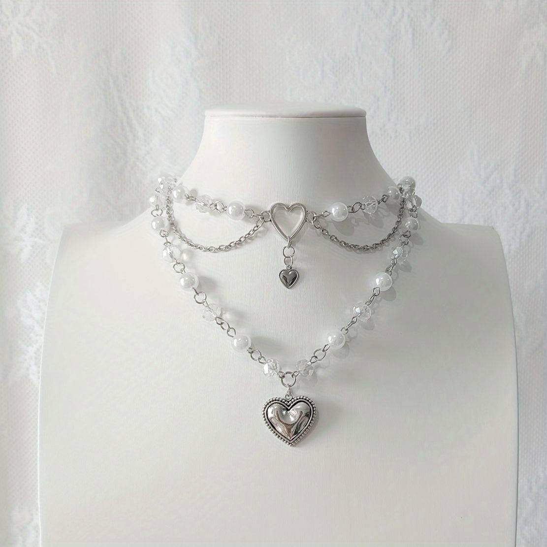 Silver Heart Beaded Choker Necklace Y2K Jewelry