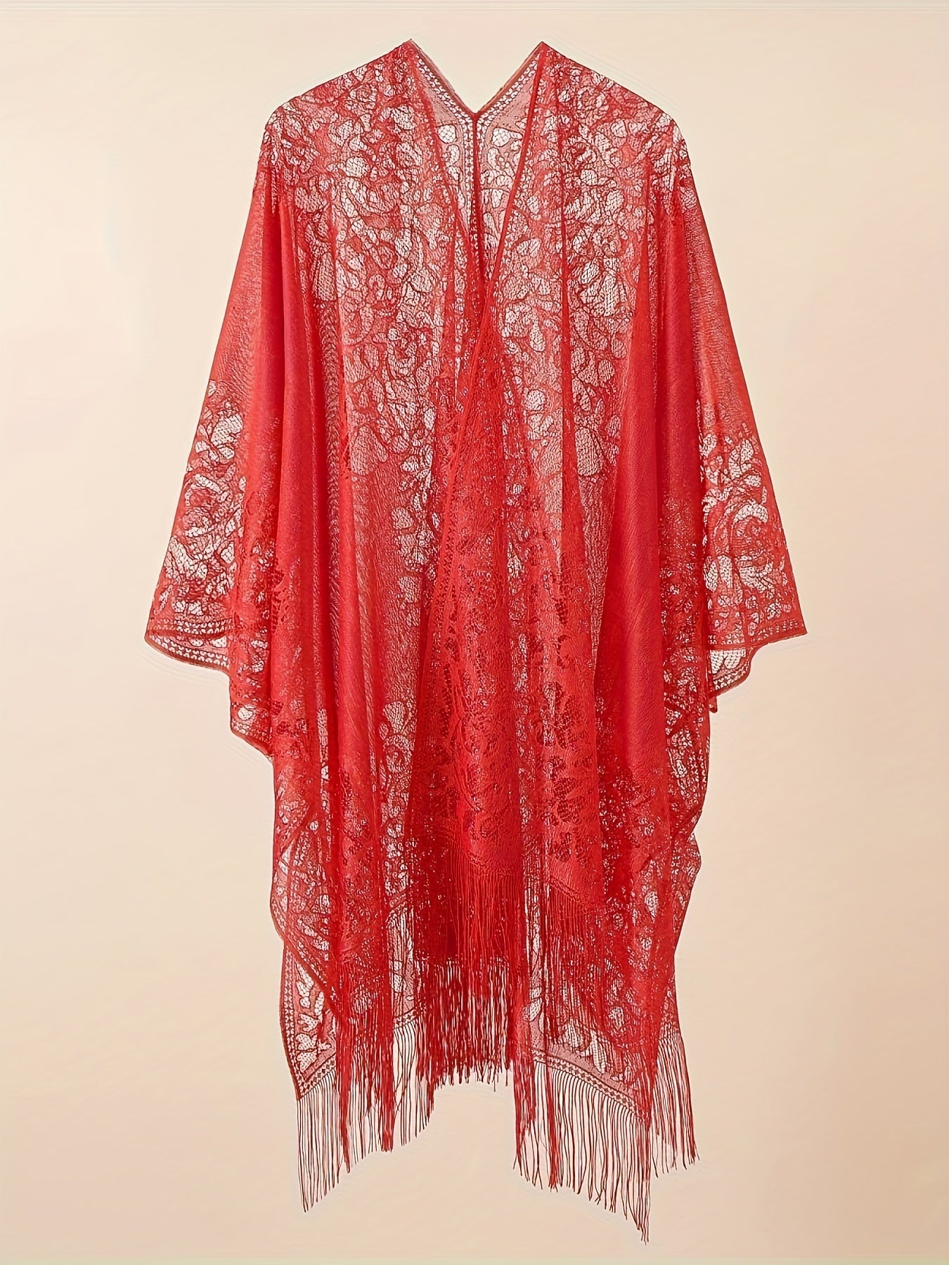 Lace Batwing Sleeve Beach Cover Up with Tassel Trim