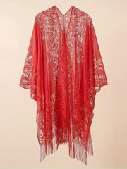 Lace Batwing Sleeve Beach Cover Up with Tassel Trim
