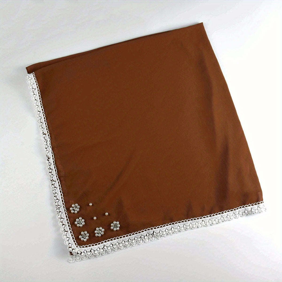 Lace Square Scarf Faux Pearl Flower Decor Bandana Solid Hijab for Women