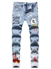 Graphic Print Slim Fit Jeans Men Casual Street Style Stretch Denim Spring
