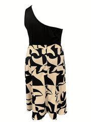 One Shoulder Crop Top & Print Skirt Set Geometric Design
