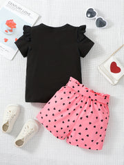 Girls Cat Graphic T-shirt & Heart Graphic Shorts Set for Summer Holiday Party
