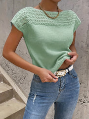 Casual Sweater Women's Plus Solid Hollow Out Cap Sleeve Round Neck