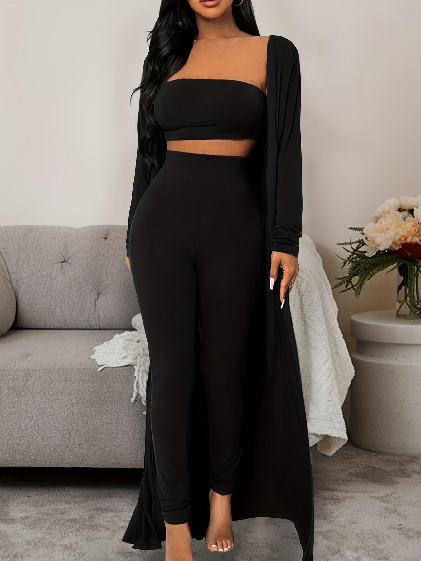 Women's Solid Lounge Set Long Sleeve Robe & Crop Top & Shorts