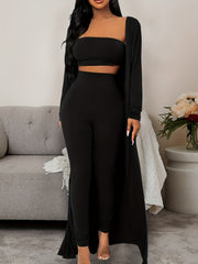 Women's Solid Lounge Set Long Sleeve Robe & Crop Top & Shorts