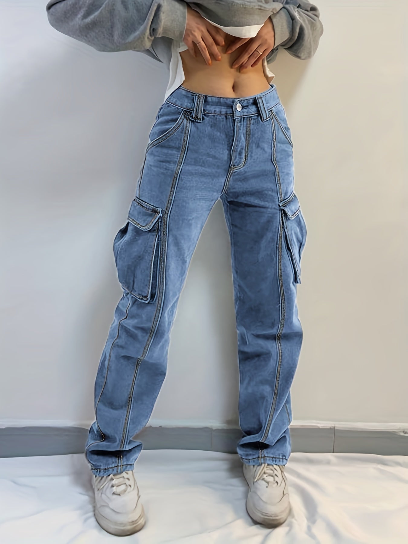 Side Flap Pocket Cargo Jeans Mid Waist Loose Fit Denim Pants