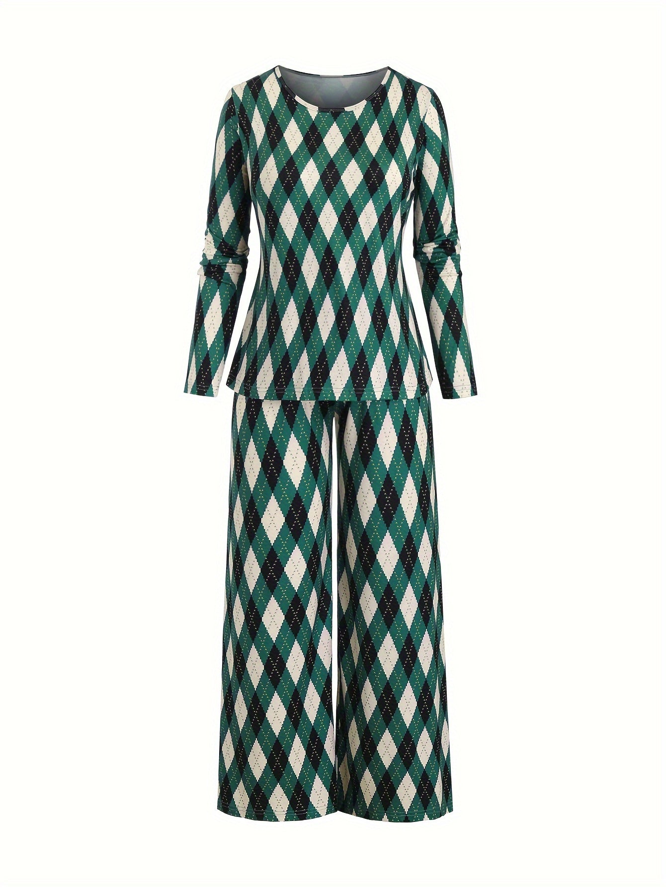 Argyle Print Long Sleeve Tee & Loose Pants Pajamas Set