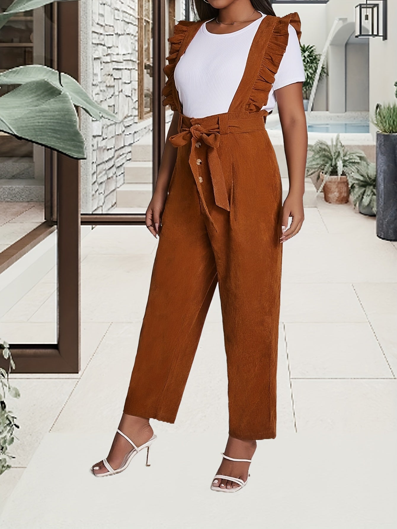 Solid Ruffle Trim Overall Jumpsuit