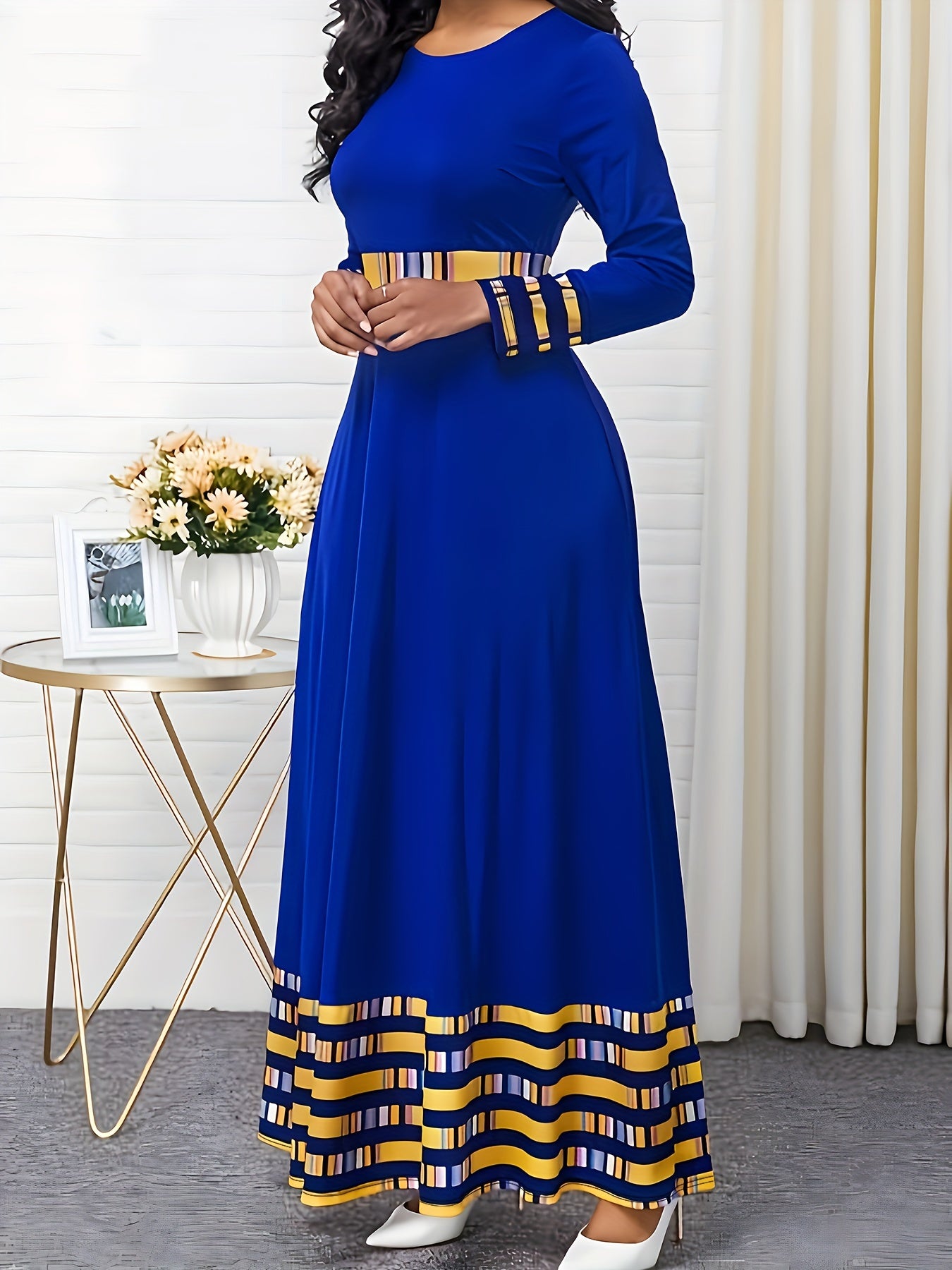 Colorblock Stripe Print Long Sleeve A line Maxi Dress