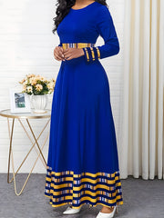 Colorblock Stripe Print Long Sleeve A line Maxi Dress