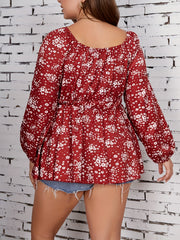 Ditsy Print Lantern Sleeve Square Neck Peplum Top
