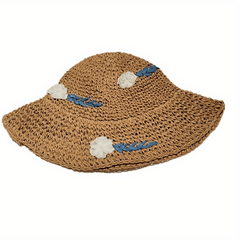 Flower Embroidery Straw Bucket Hat Boho Crochet Solid Basin Hat