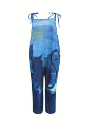 Plus Denim & Cat Print Tie Shoulder Jumpsuit
