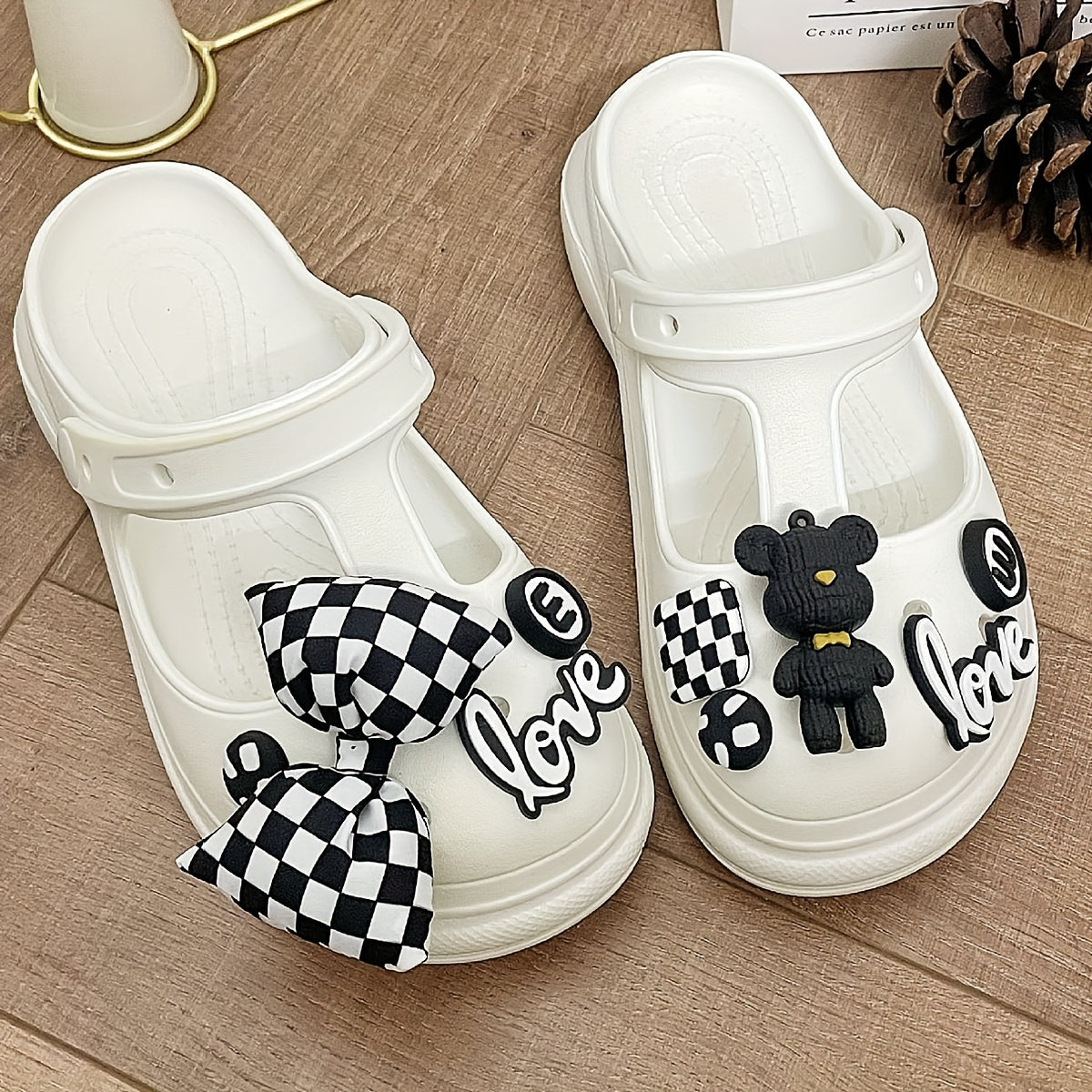 Women's Chunky Heel Clogs Bow &bear Charms T-Strap Sandals