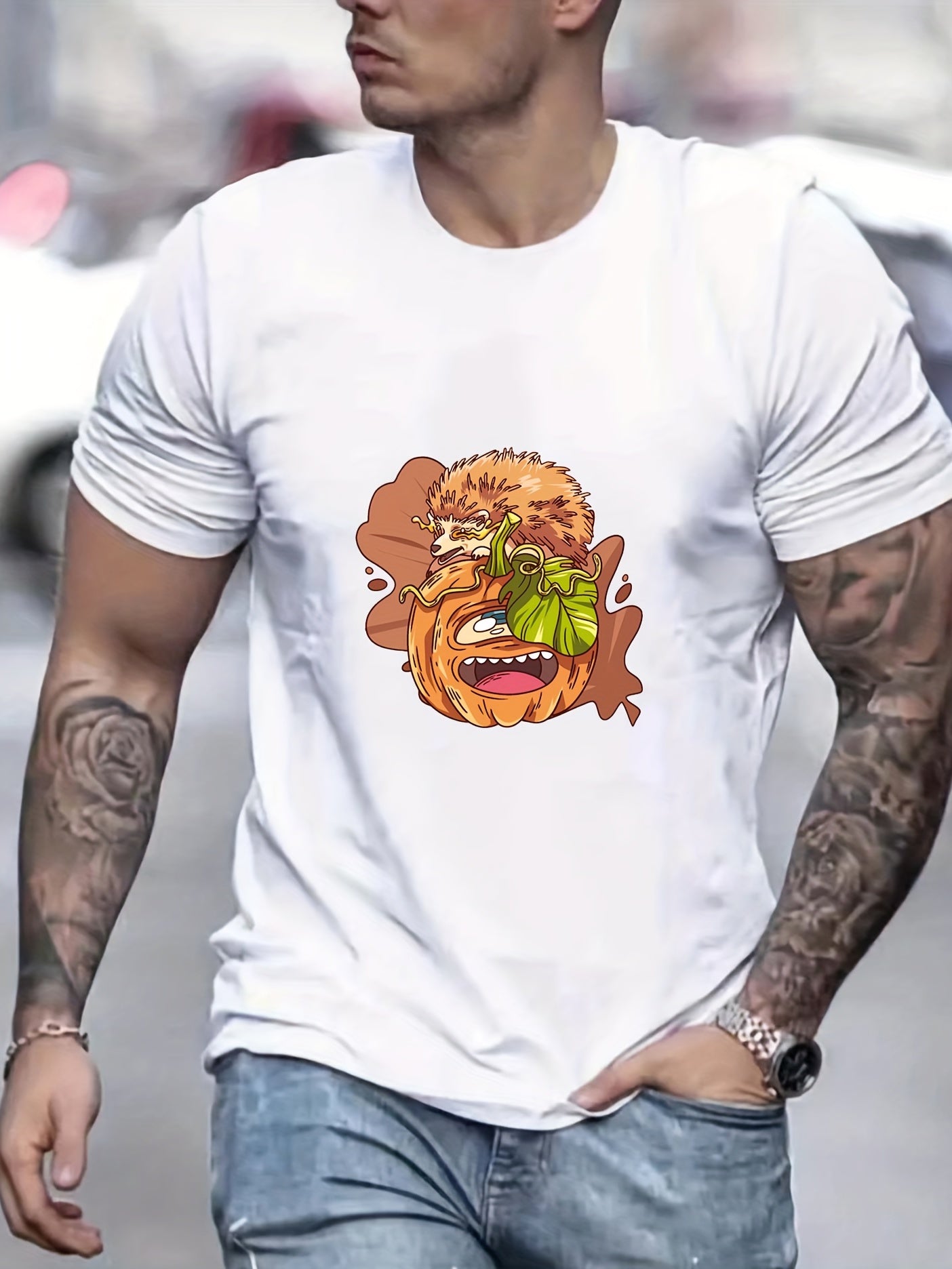 Cartoon Pumpkin & Hedgehog Print Men's Graphic Tee for Summer Vacation