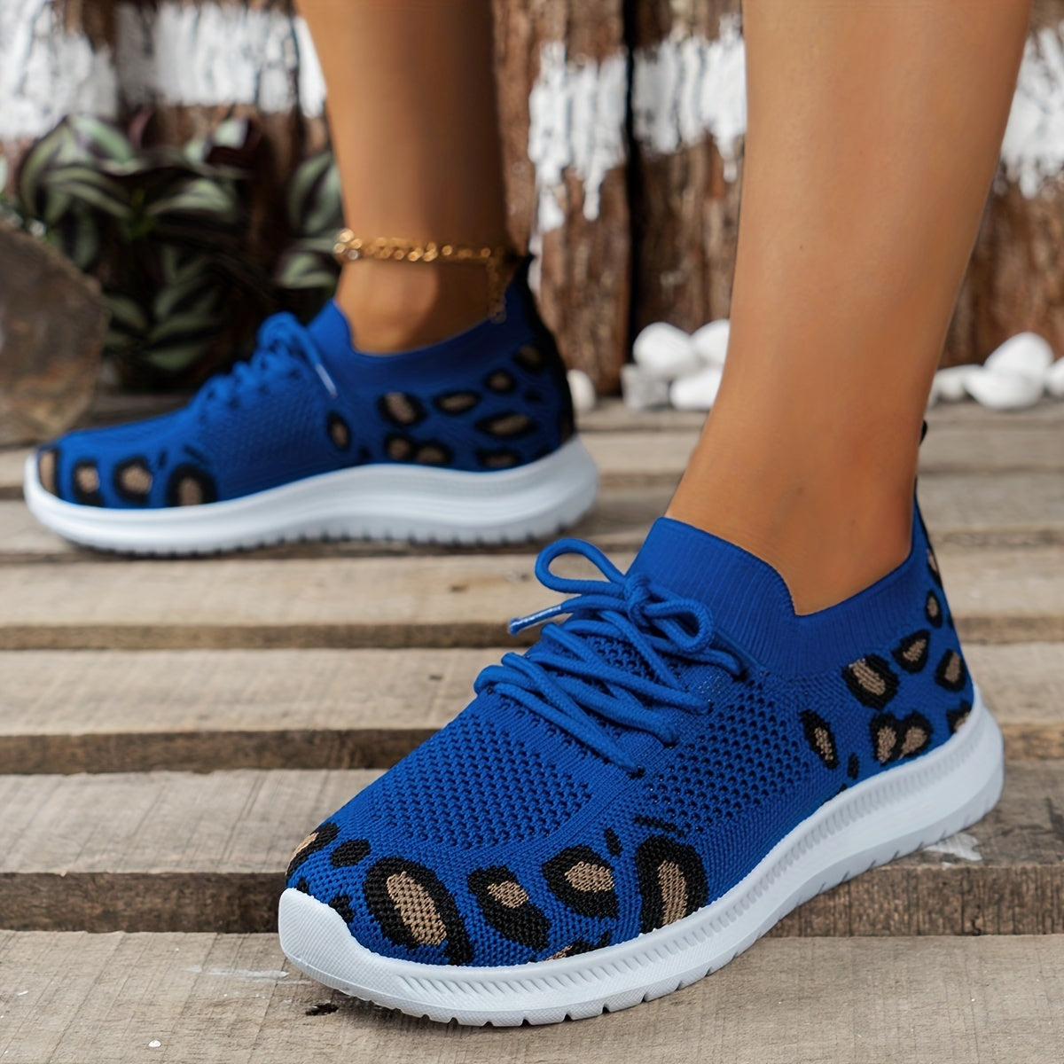 Leopard Printed Knit Sneakers Lace Up Round Toe Soft Sole Flatform Shoes