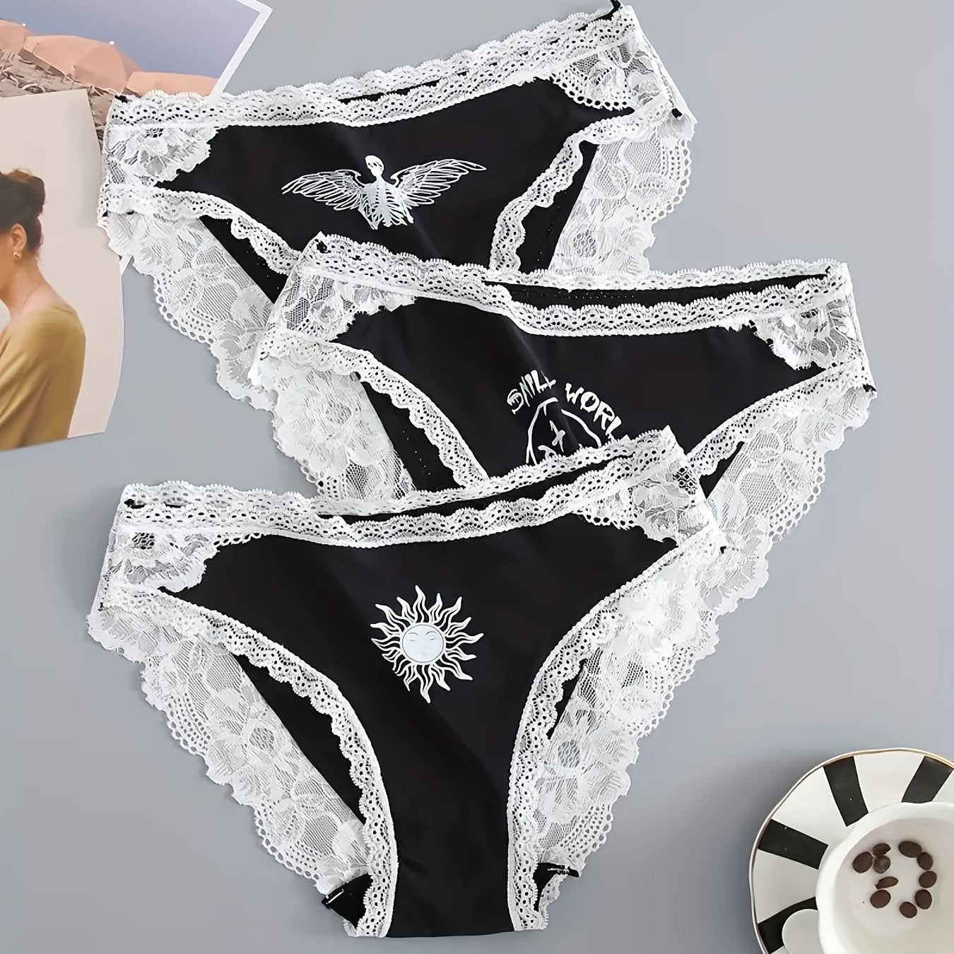 3Pcs Lace Briefs Stretchy Intimates Panties Women's Lingerie