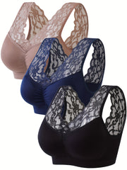 3 Pack Plus Size Lace Wireless Ruched Fitness Bra Set