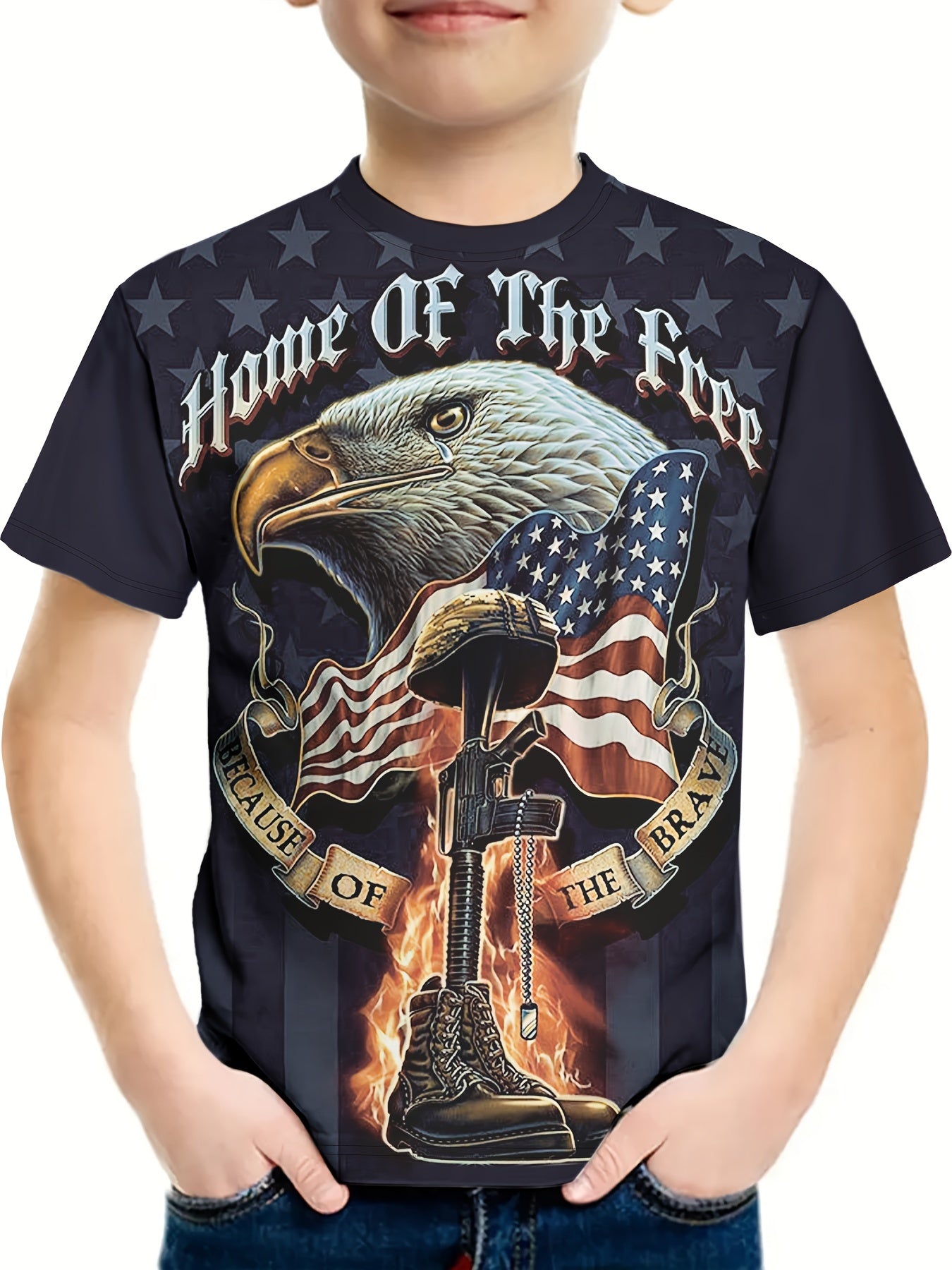 Eagle & Flag Pattern T shirt For Kids Short Sleeve Top Casual Tee Boy's Clothes