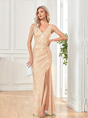 Sequined V Neck Ruched Split Dress Chain Decor Bodycon Dress